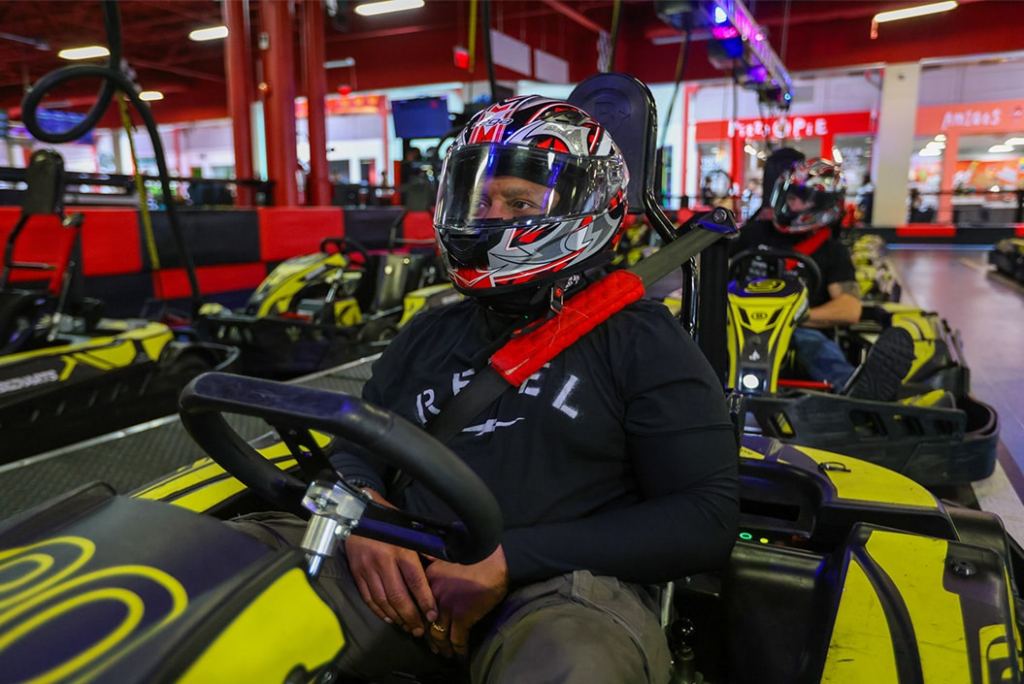 Man getting ready to race on adult track at karting orlando inside Dezerland Park
